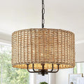 5 Lights Chandeliers 18" Rattan Light Fixture with Drum Woven Shade, Boho Chandelier for Kitchen Island,Entryway,Over Table,Hallway(Ceiling Hanging Mounted Wicker Light Fixture)