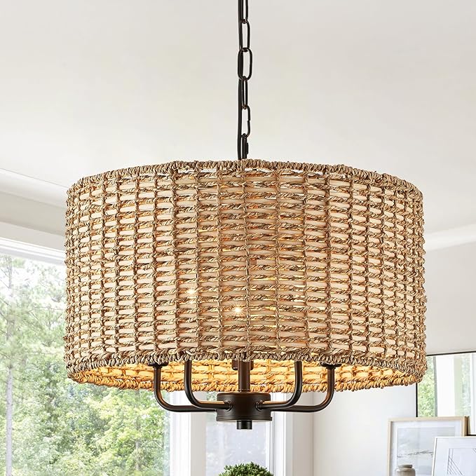 5 Lights Chandeliers 18" Rattan Light Fixture with Drum Woven Shade, Boho Chandelier for Kitchen Island,Entryway,Over Table,Hallway(Ceiling Hanging Mounted Wicker Light Fixture)