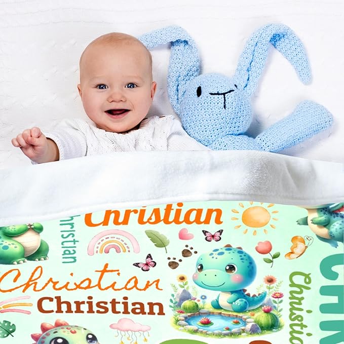 Personalized Custom Green Dinosaur Preschool Blanket Gifts for Baby Toddler Kids Boys Girls - Customized Green Dinosaur Super Soft Flannel Sheets Decor for Crib Nap Couch - 30"x40" for Baby/Pets