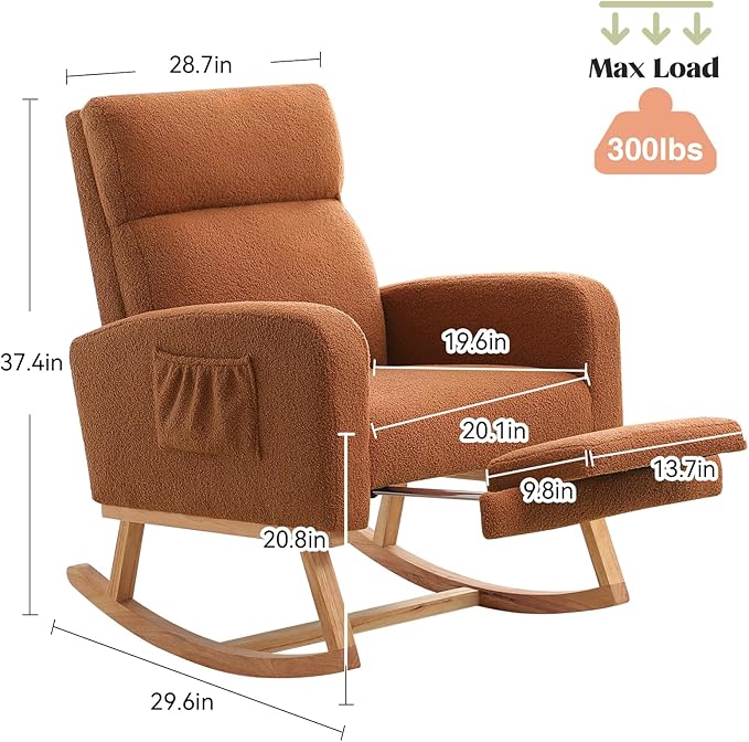 Rocking Chair Nursery with Foot Rest, Nursing Rocking Chairs for Mom Nursery, Teddy Rocker Glider with High Backrest for Living Room, Bedroom, Brown