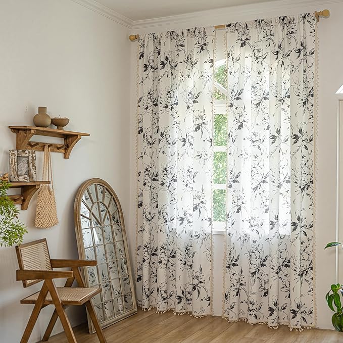ENJOYBRIDAL Floral Curtains 84 Inches Semi Sheer Living Room Drapes Boho Bedroom Patterned Rod Pocket Window Curtain Panels Floor Length Cute Light Filtering Farmhouse 2 Panels Window Treatments