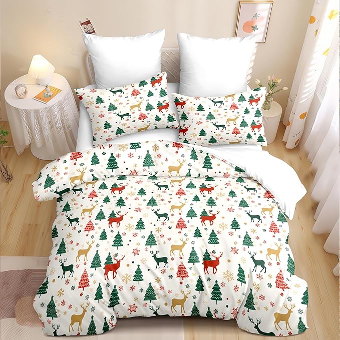 Christmas Duvet Cover Queen Size Green Christmas Tree Bedding Set 3 Pcs Kids Boys Girls Xmas Deer Pattern Comforter Cover with Zipper Closure (No Comforter)