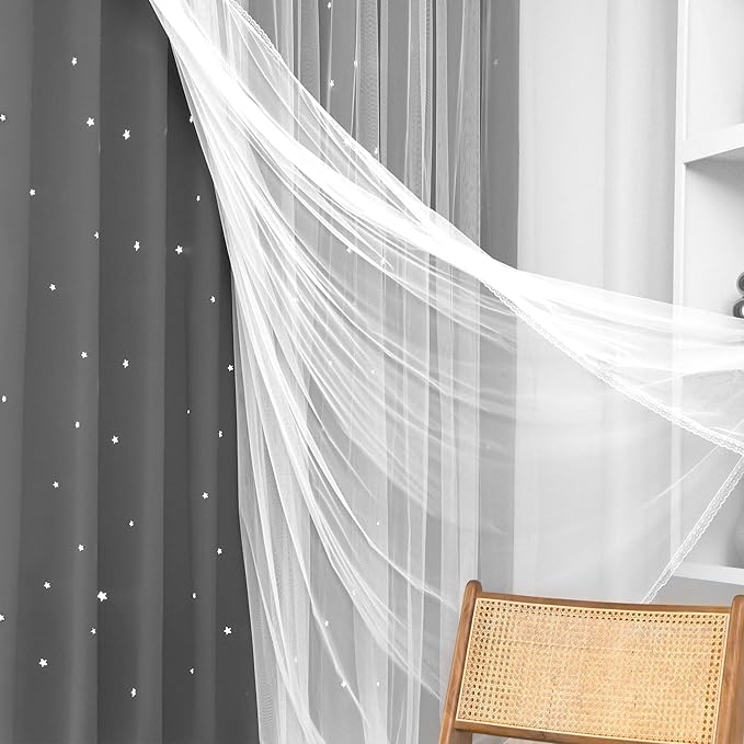 Kinryb Kids Blackout Curtains for Bedroom/Living Room/Classroom, Sheer Overlay Small 2 Panel Set, Double Layer Curtains with Star Cutout for Kids Room(W 52 x L 36 Inches,Grey 2 Pcs)