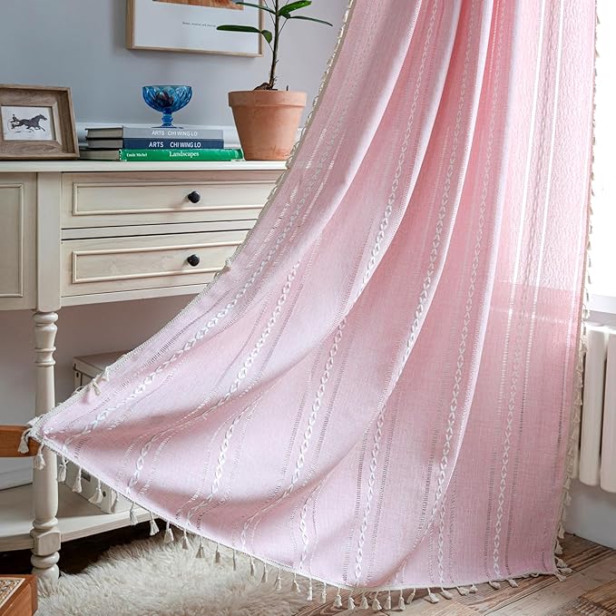 Deeprove Pink Boho Curtains 96 Inches Long for Bedroom Living Room Nursery, Bohemian Chic Textured Embroidery, Vintage Handmade Tassels Country Decor Drapery, Rod Pocket, 1 Panel W52 x L96, Blush