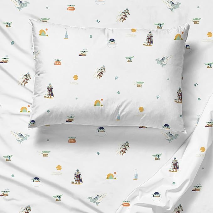 Sunny Side Up Kids Sheet Set with Fitted, Flat Sheets & Pillow Cover - Ultra-Soft Bedding with Pillowcase for Room Decor, White - The Mandalorian, 3 Piece Twin