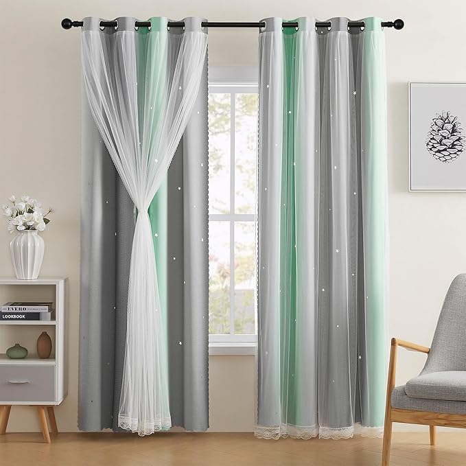 XiDi Green Grey Girls Curtains for Bedroom 96 Inches Long 2 Panels Rainbow Blackout Curtains for Little Girl Kids Room Decor Living Room, Princess Unicorn Wall Decals Drapes 34x96