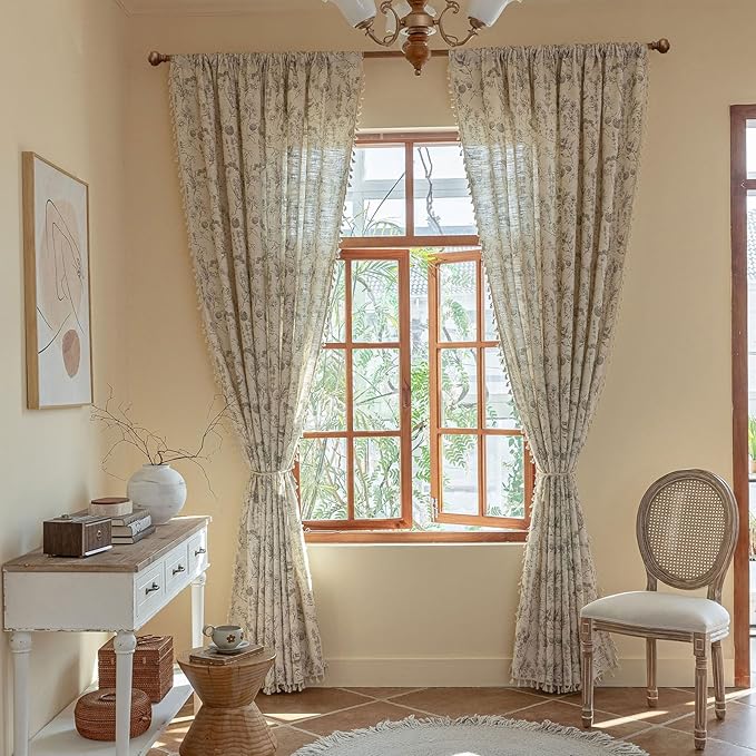 ENJOYBRIDAL Floral 96 Inch Curtains Vintage 2 Panels Drapes Rod Pocket Semi Sheer Rustic Long Window Curtain Panels Bedroom Boho Tassel Living Room Farmhouse Botanical Window Treatments