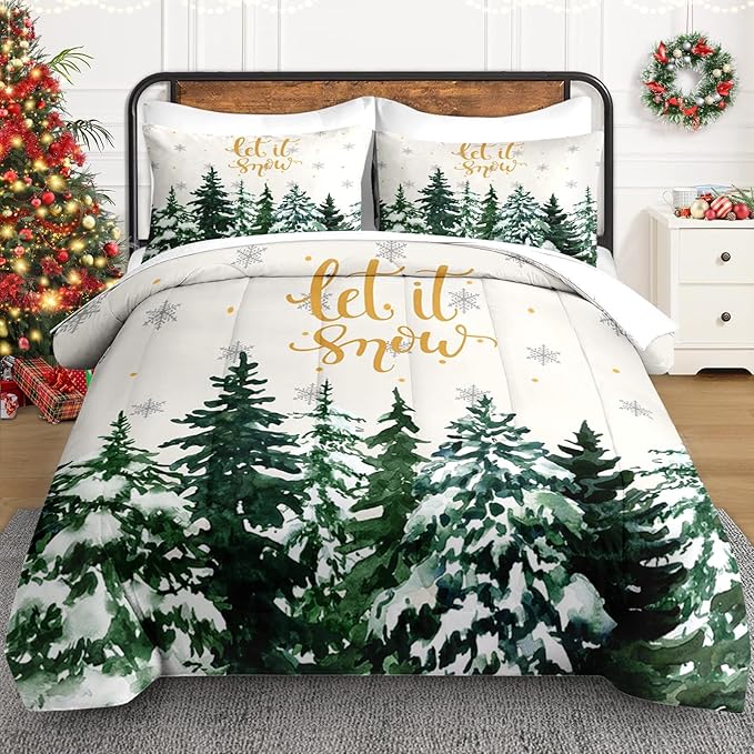 7 Pcs King Size Christmas Comforter Set with 2 Pillowcases & 2 Shams, Countryside Nature Snowy Bedding for Kids and Adults, Winter Forest Green Pine Tree Bed in a Bag with Flat Fitted Sheet