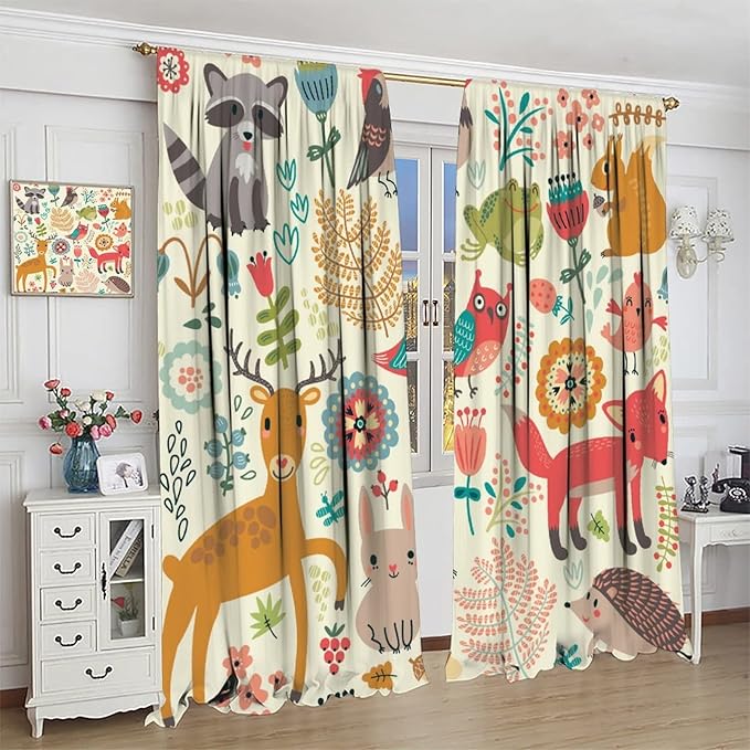 Kids Baby Woodland Blackout Curtains,Forest Animals Plants Cartoon Funny Colorful Deer Fox Owl Pattern Thermal Insulation Window Drapes for Boys Girls Children's Bedroom 55x63in