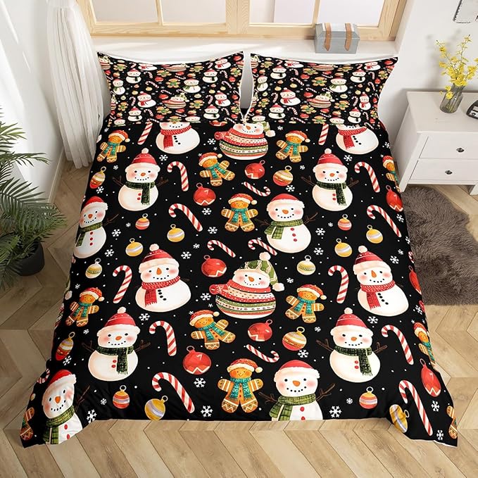 Feelyou Merry Christmas Duvet Cover Toddler Size Gingerbread Man Snowman Comforter Cover for Boys Girls Candy Cane Bell Xmas Decor Bedding Set 2Pcs Reversible Xmas Decor Room Decor