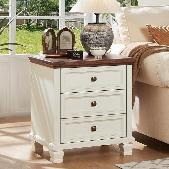 Farmhouse Bedroom Dresser and Nightstand Set of 4, 6 Drawer Low & 5 Drawers Dresser & 3 Drawer Nightstand Set with Wooden Legs, Rustic Wood Furniture for Bedroom, Hallway, White