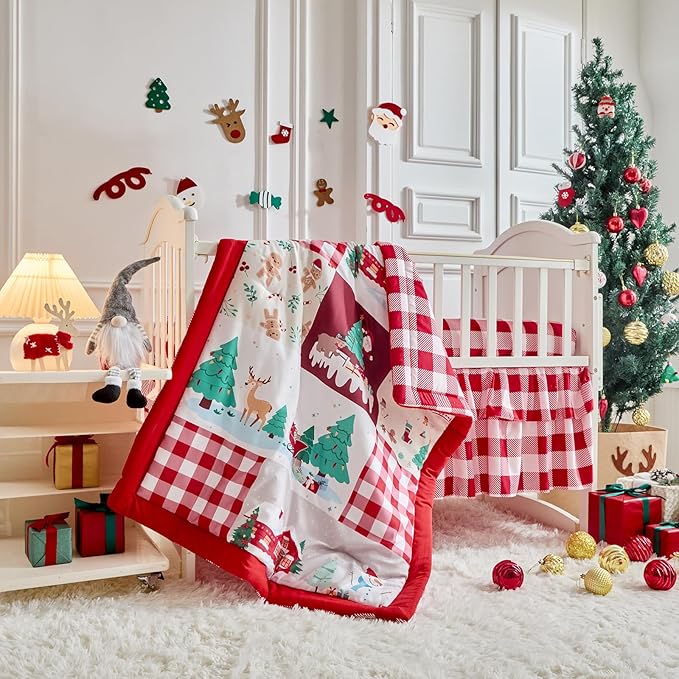 Christmas Crib Bedding Set 3 Pcs with Santa Snowman Red White Design, Quilted Comforter Fitted Sheet & Bed Skirt, Holiday Baby Crib Set