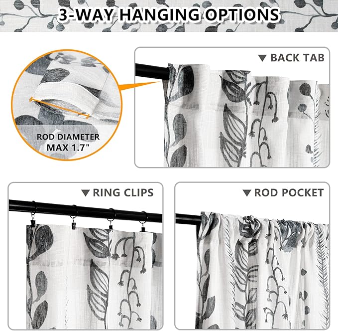 MEETSKY Cotton Curtains 95 Inches Length for Living Room Boho Light Filtering Window Leaf Print Classical Drapes Back Tab Bohemian Decorative Burlap Effect Drapes for Bedroom, 50x95 Inch, 2 Panels