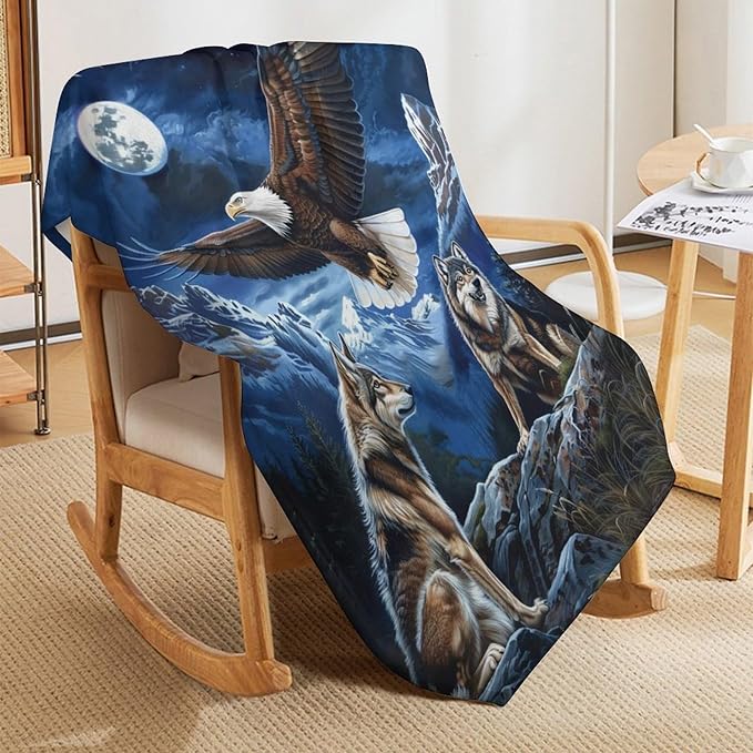 Bald Eagle Wolf Throw Blanket Wild Animal Print Blankets Gifts Couch Sofa Bed Stuff Decor Soft Cozy Lightweight Flannel Bedding for Lover 60"x80"