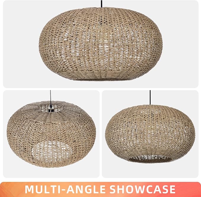 Arturesthome Large Natural Hand Weaved Rattan Pendant Lamp,Coastal Beach Boho Chandelier for Kitchen Hallway Bedroom Dinning Room Living Room Dia 23.6 in