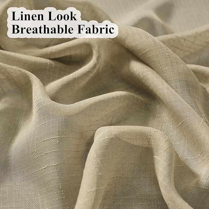 Taupe Sheer Curtains 102 Inch Long, Neutral Linen Look Textured Light Filtering Drapes, Tan Beige Transparent Window Decor, Rustic Floor to Ceiling Pinch Pleat Curtain with Hooks