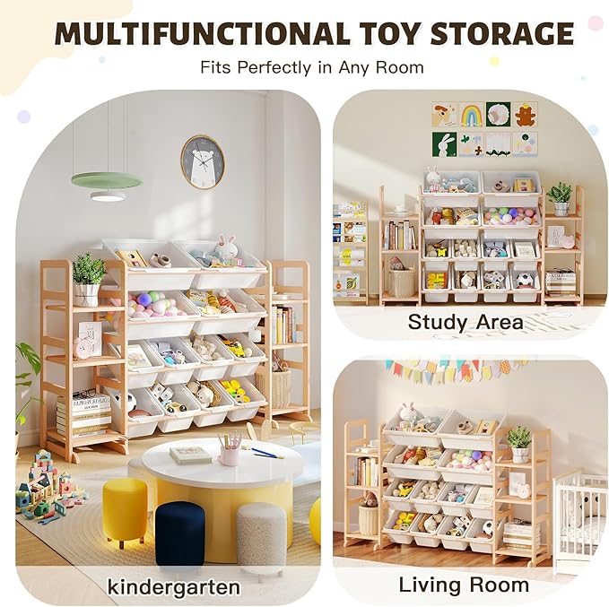 Wooden Toy Storage Organizer with 6 Shelves and 12 Bins, Toy Organizer Storage Kids Bookshelf, Toy Shelf for Playroom, Nursery, and Bedroom