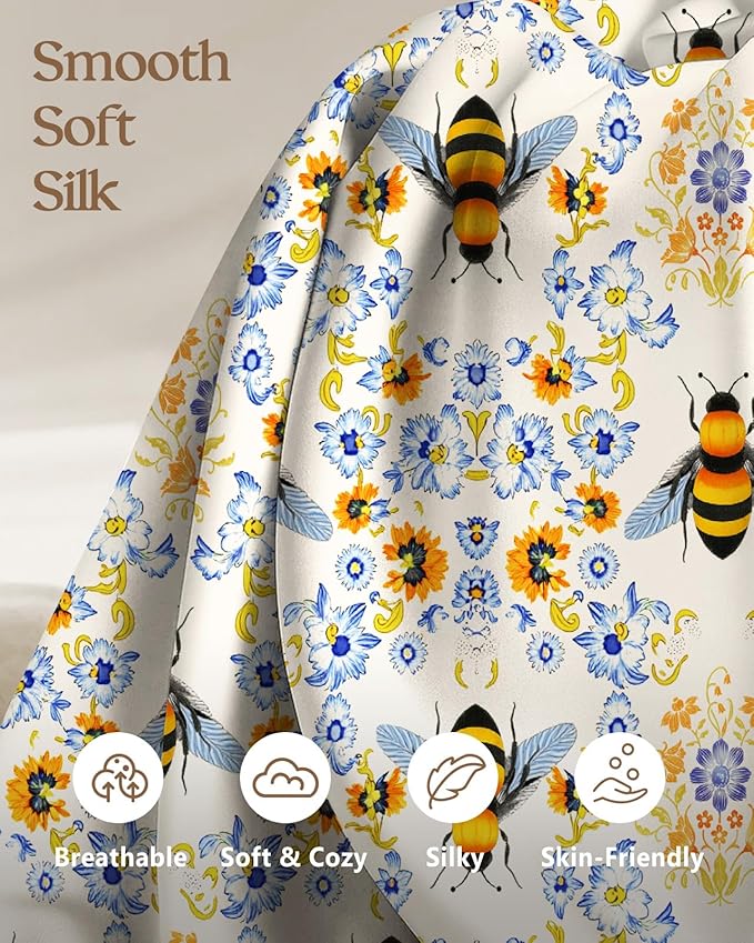Silk Pillowcase 2 Pack - Pillow Cases 20" x 30" Queen Size Set of 2 for Hair and Skin Smooth Soft Breathable with Hidden Zipper Cooling Pillow Covers for Sleeping, Flower Bee