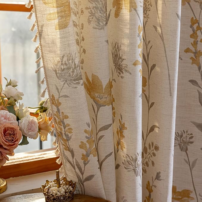 ENJOYBRIDAL Yellow Floral 96 Inch Curtains 2 Panel Set Living Room Long Drapes Bedroom Boho Farmhouse Semi Sheer Window Curtain Panels Rod Pocket Cute Tassel Dining Room Window Treatments
