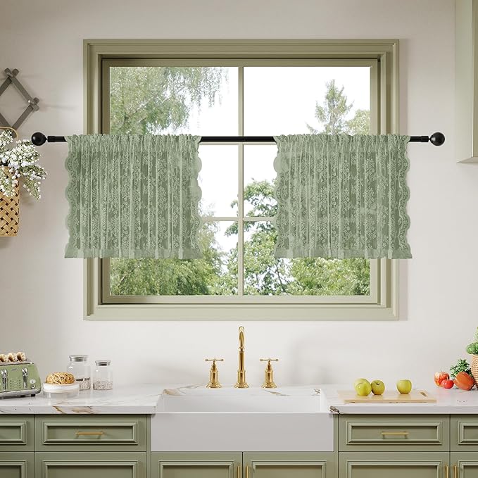 Anmao Vintage Lace Kitchen Curtains 18 Inches Long 2 Panels, Romantic Semi Sheer Floral Over Sink Lacy Cafe Curtain, Elegant Window Short Small Drapes, 55W x 18L, Sage Green