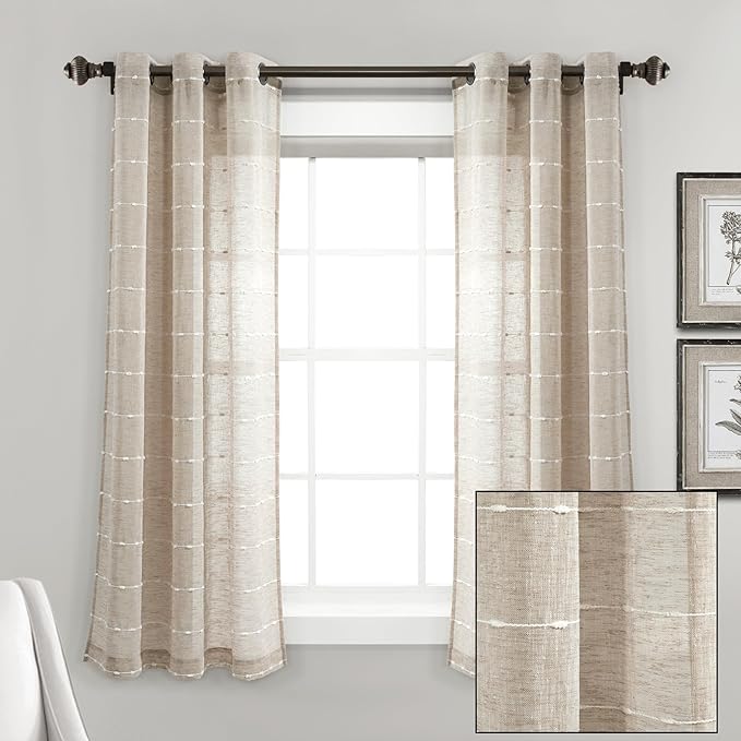 Lush Decor Farmhouse Textured Grommet Sheer Window Curtain Panel Pair, 38"W x 63"L, Neutral