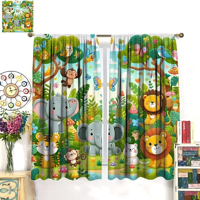 Cartoon Animals Curtain Jungle Forest Elephant Lion Butterfly Floral Print Curtains for Kids Boys Girls Nursery Baby Bedroom Playroom Home Decor Window Drapes 84" W X 84" L