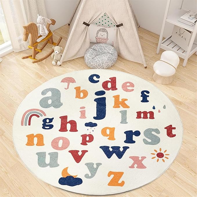 ABC Round Rug,3.3ft,Children's Educational Learning Area Rug, Colorful Alphabet Kindergarten Area Rug, Soft Fluffy Faux Cashmere Baby Crawling Mat for Living Room, Bedroom, Children's Room