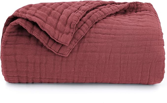 Love's cabin 6 Layer 100% Cotton Muslin Blanket, 50"x60" Throw Muslin Blanket for Couch Bed, Lightweight and Breathable Cotton Gauze for Adult, Wine Red