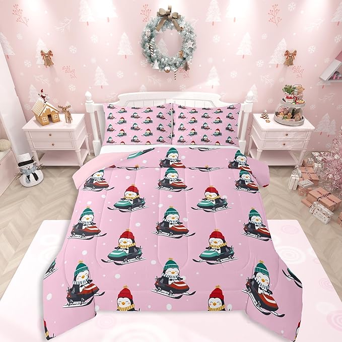 Feelyou Christmas Kids Comforter Set Queen Size Pink Penguin Bedding Set Cartoon Penguin Skiing Duvet Quilt for Kids Boys Girls Bedroom Snowflake Decor Microfiber Ultra Soft Breathable