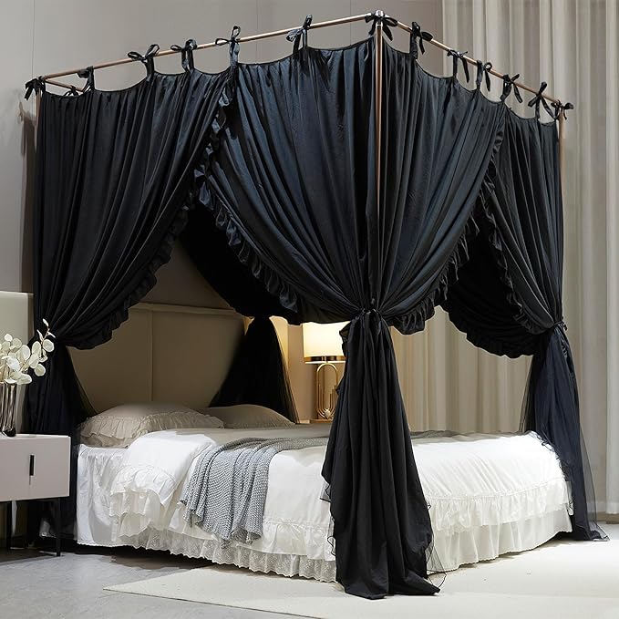 4 Corners Post Princess Curtain Bed Canopy Double Layer Cozy Mosquito Net Mesh and Cloth for Girls Adults Bedroom Decoration (Double-Black/Black, 59" W*82" L*82"*H/(Queen))