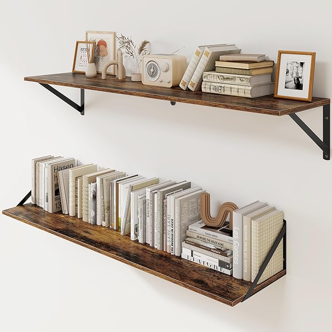 Heimlove Deep Floating Shelves for Wall, 40W x 8D Wood Wall Shelves Set of 2, Wide Floating Bookshelf for Living Room, Kitchen, Office, Bedroom and Decor Storage, with Metal Bracket - Rustic Brown
