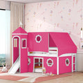 Full Size Low Loft Bed with Slide & Tent and Tower, Playhouse Design Solid Wood Tent Bed Frame for Kids Boys Girls, Versatile Spacious Under Bed Space with Curtains (Pink-FF)