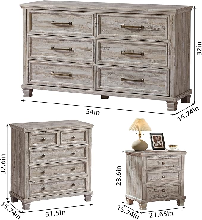 Farmhouse Bedroom Dresser and Nightstand Set of 4, 6 Drawer Low & 5 Drawers Dresser & 3 Drawer Nightstand Set with Wooden Legs, Rustic Wood Furniture for Bedroom, Hallway, Grey