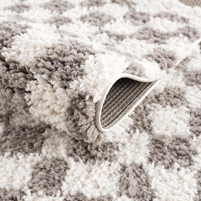 Hauteloom Kieu Contemporary Checkered Fluffy Shag Area Rug - Modern Geometric Soft Carpet Tiles for Living Room, Kids Room, Nursery - Light Gray, Taupe, Gray - 18" Sample