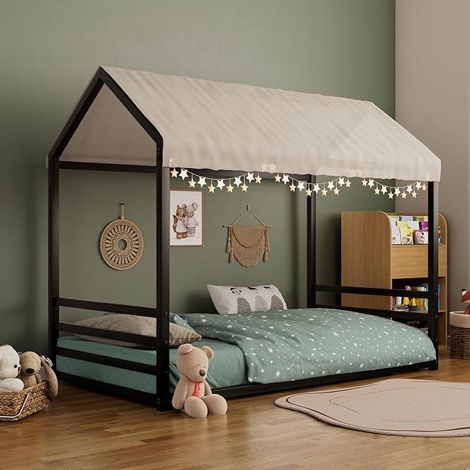 Harper & Bright Designs Full Size Montessori Floor Bed for Children, Metal House Bed Frame with Roof and Fence, Kids Floor Bed Frame for Boys Girls, Easy Assemble, No Slats,Black