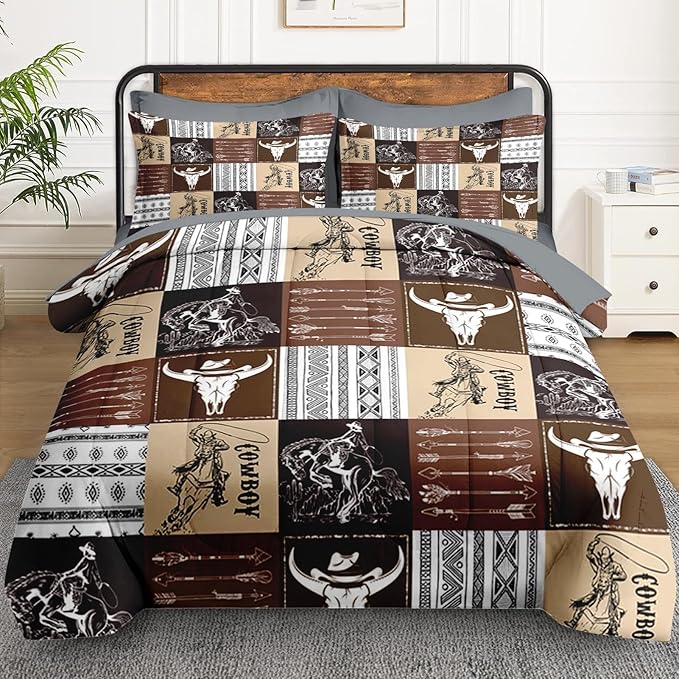 7 Pcs King Size Comforter Set with 2 Pillowcases & 2 Shams, Cowboy Vintage Brown Bedding for Kids and Adults, Western Bed in a Bag with Flat Fitted Sheet