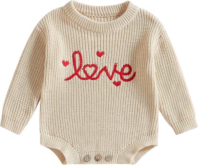 Lesimsam Newborn Baby Boy Girl Valentines Day Outfit Oversized Embroidery Long Sleeve Knit Sweater Bubble Romper Bodysuit
