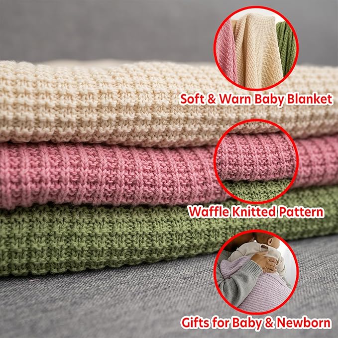 Baby Knit Blanket, 100% Cotton Waffle Patterns, Soft, Cozy, Lightweight Swaddle for Newborn & Infant Swaddling Beige Neutral, Perfect Baby Shower Ideas Lilac 28x36