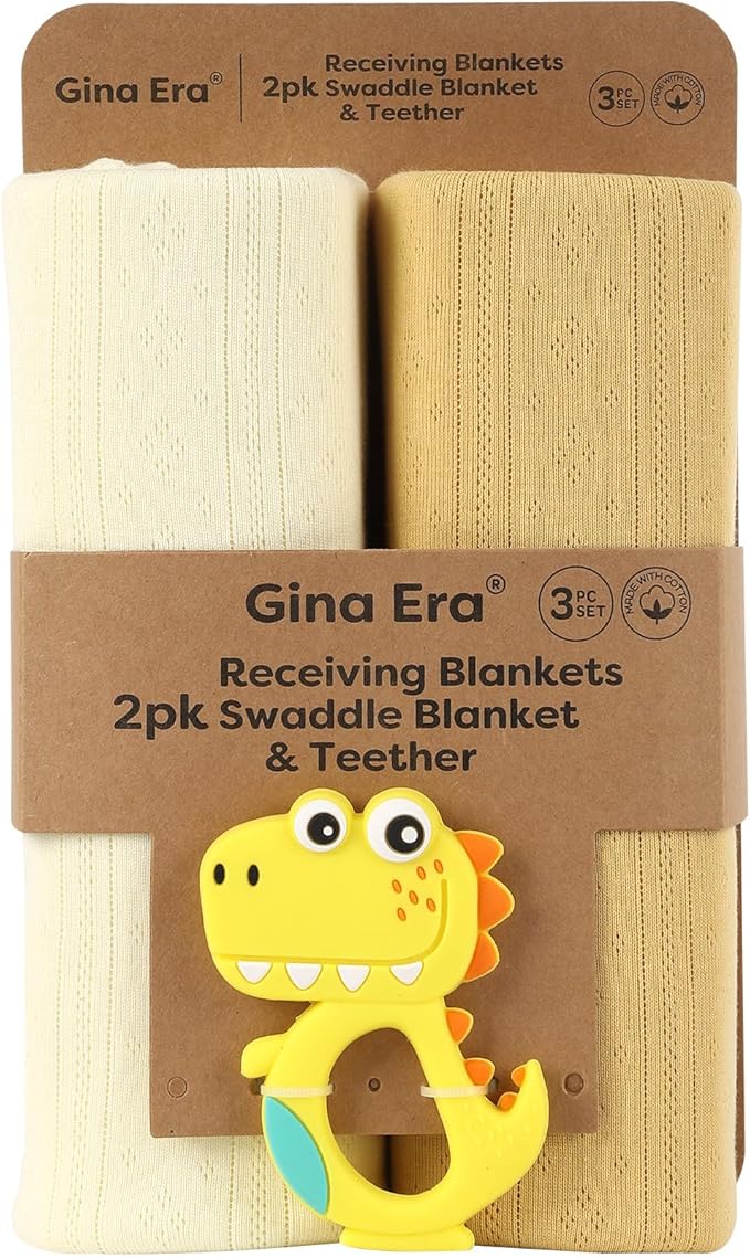 Gina Era Knit Baby Receiving Blankets, Soft Lightweight Cozy Swadde Blanket for Newborns, Unisex Baby Blanket, 2 Pack 30 X 40 Inch for Boy (Yellow)