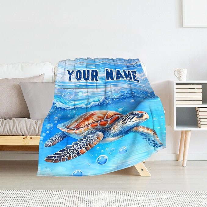 Custom Turtle Gifts for Women - 60" x 80" Inches Cute Throw Blanket for Adults, Teens - Blue Cozy Furry Blankets for Sofa, Bed & Living Room
