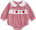 Amiblvowa Baby Girl Valentines Day Outfit Embroidery Love Heart Smocked Bubble Romper Bodysuit Cute Infant Newborn Clothes