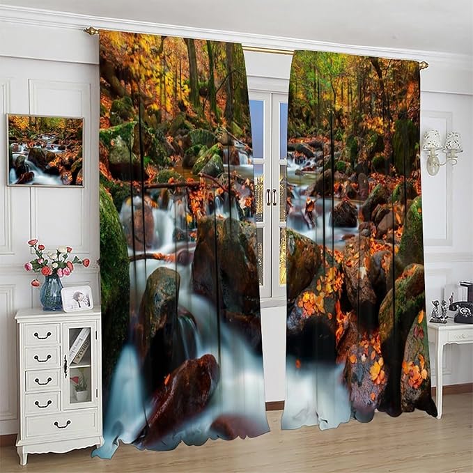 Autumn Waterfall Blackout Windows Curtains, Nature Autumn Forest Farmhouse Window Drapes, for Living Room Bedroom 42" W X 54" L