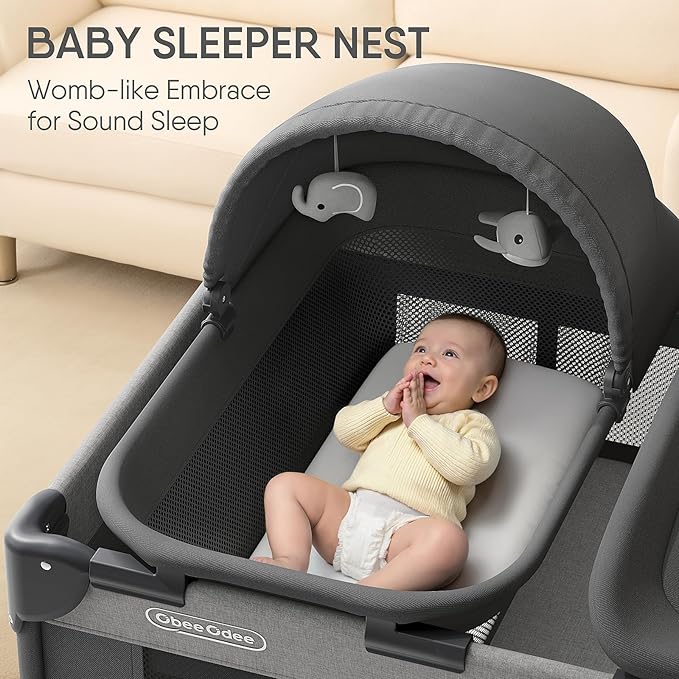 4-in-1 Baby Bassinet with Playard, Sleeper Nest, Changing Table, Mosquito Net & Canopy, Storage and Toys for Newborn to Toddler