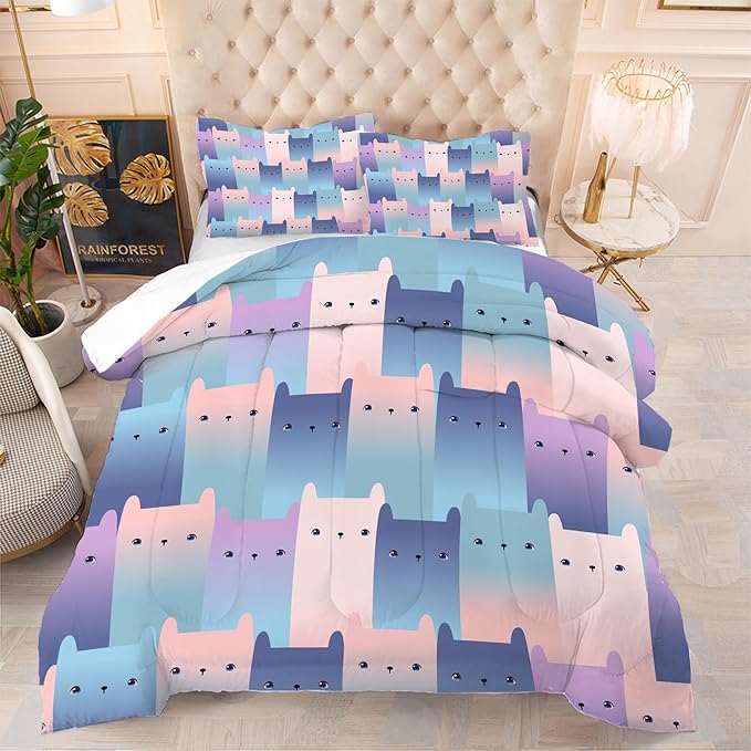 Gradient Cat Comforter Set: Twin Size Kawaii Cats Bedding Set for Kids Teens Girls Boys Bedroom Decor Blue Purple Cute Kitten Quilt Bed Sets 1 Comforter & 1 Pillowcase