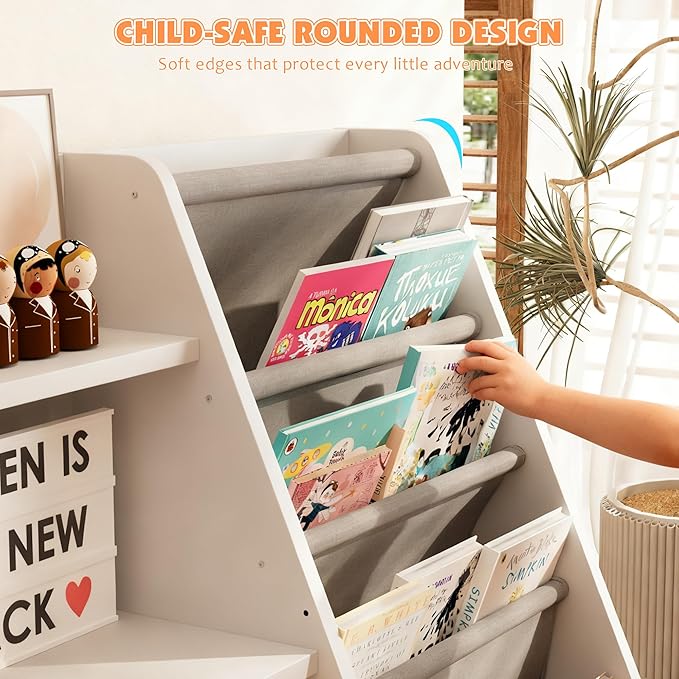 NACHES Montessori Kid Bookshelf White Toddler Bookcase Cabinet Children Book Rack Display Toy Storage Organizer 4 Tier 5 Sling Deep Sleeves Classroom Bedroom Nursery Playroom Wood (White)