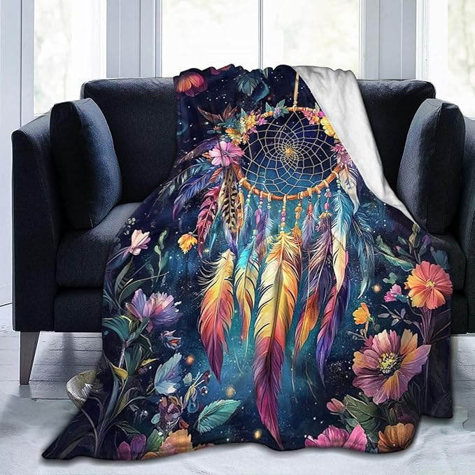 Dream Catcher Blanket Floral Feather Decor Throw Blanket Super Soft Flannel Lightweight Fluffy Plush Cozy Fuzzy Fleece Gifts Blanket for Girl Woman Man Boys Kids Adults for Bed Sofa 50"X60"