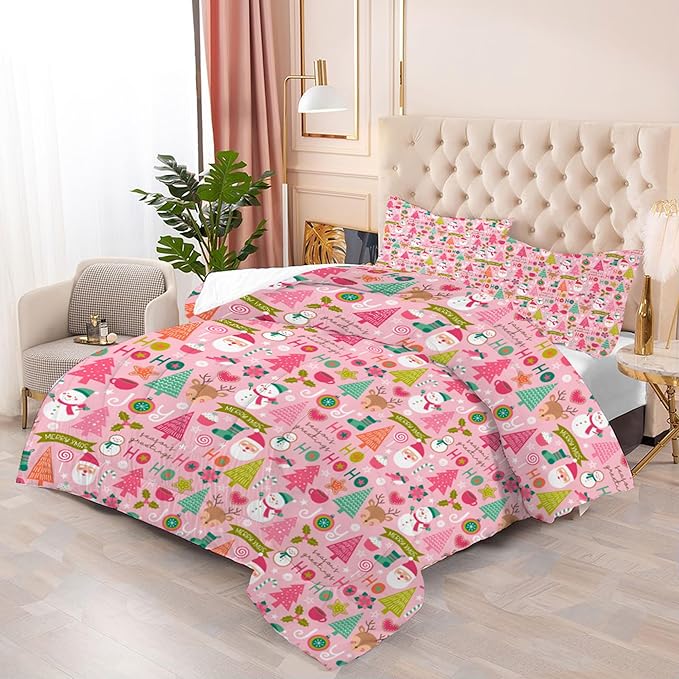 Pink Christmas Comforter Set: Full Size Cartoon Xmas Snowman Bedding Sets Cute Santa Claus Christmas Tree Elk 3 Piece Quilt Bed Set 1 Comforter & 2 Pillowcases
