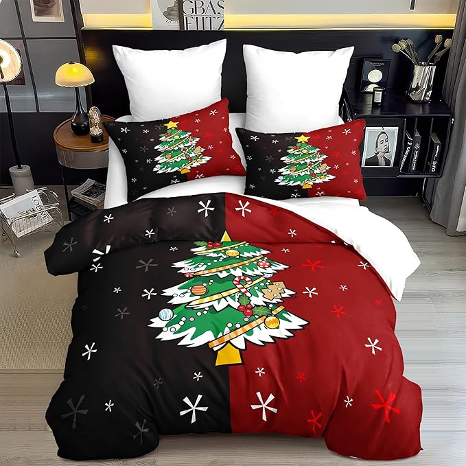 Christmas Duvet Cover Queen Size Black Red Christmas Tree Bedding Set 3 Pcs Kids Boys Girls Xmas Couple Holiday Comforter Cover with Zipper Closure