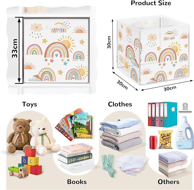 Clastyle Rainbow Kids Storage Cube Organizer Set Boho Closet Clothes Cube Storage Bin Nursery Toddler Toy Box Chest Boys Girls Book Shelf Basket,Sun,11.8x11.8x11.8 in