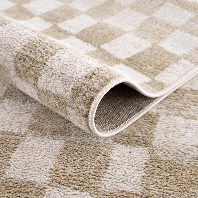 Hauteloom Pertek Modern Checkered Runner Rug - Modern Geometric Carpet for Hallway, Kids Room, Nursery - Bohemian Boho Carpet - Cream, Gold - 2'7" x 10'